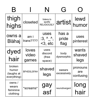 femboy bingo | created by funtimeh Bingo Card