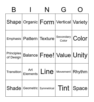 Art Elements & Principles of Design Bingo! Bingo Card