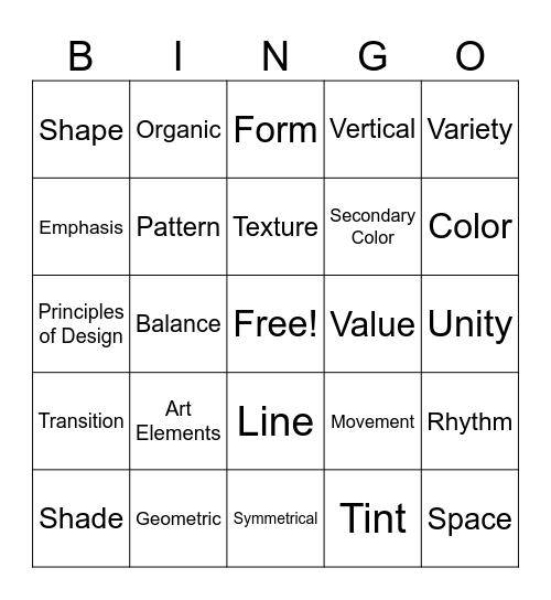 Art Elements & Principles of Design Bingo! Bingo Card