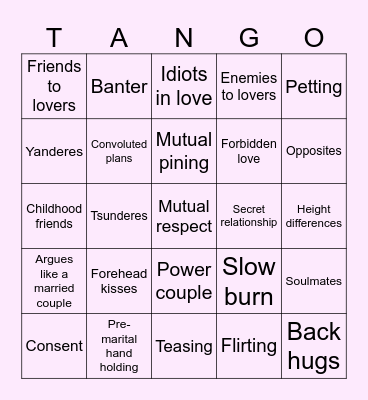 Romance Tropes Bingo Card