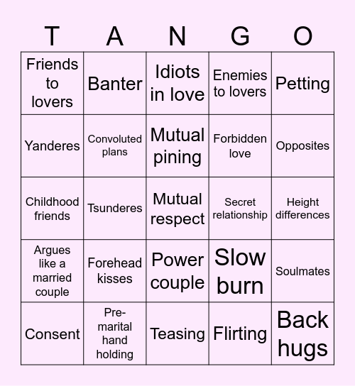 Romance Tropes Bingo Card