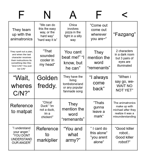 fnaf movie lines and tropes bingo Card