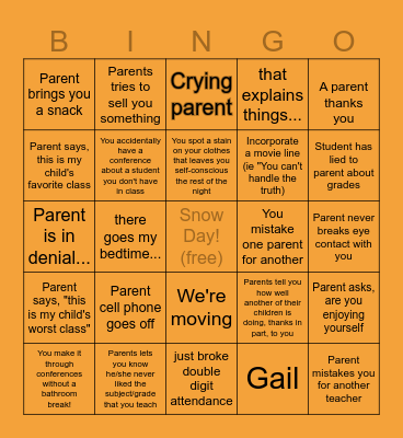 P/T Conference Bingo Card