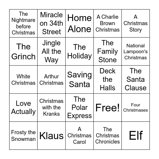 Christmas Movie Trivia Bingo Card