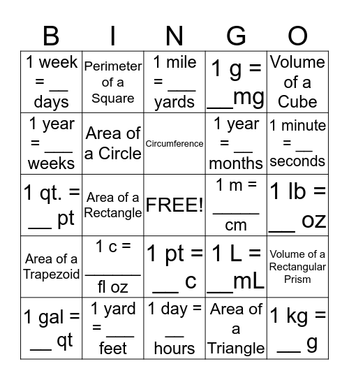 STAAR Grade 6 Mathematics Reference Materials  Bingo Card