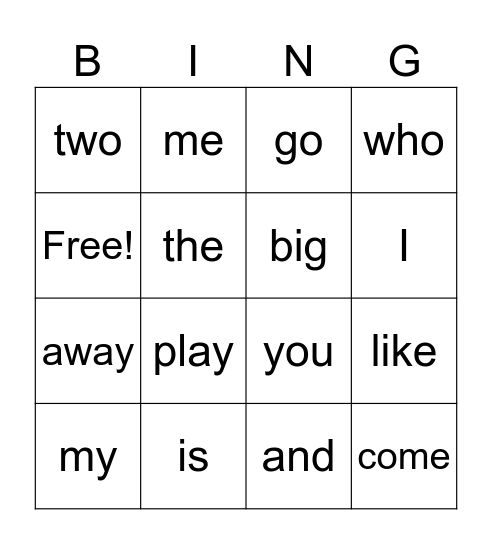 Sight Word Bingo Card