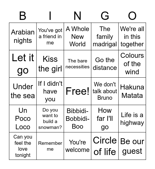 Song Bingo Card