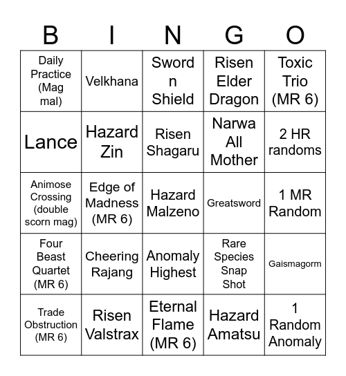 Monster Hunter Sunbreak Bingo Card