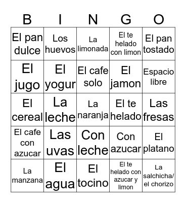 El desayuno, las bebidas, y las frutas Bingo Card