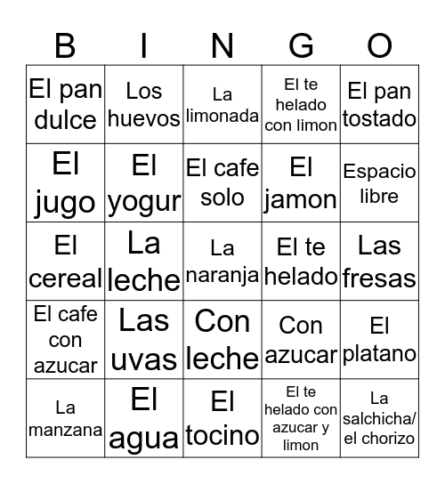 El desayuno, las bebidas, y las frutas Bingo Card