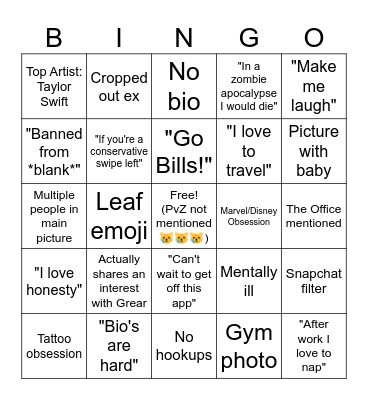 Tinder Silliness Bingo Card