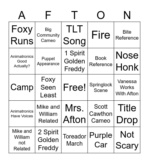 FNAF Movie Bingo Card
