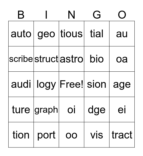 Greek/Latin Roots Bingo Card