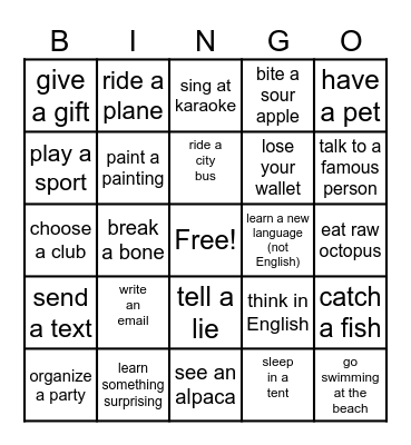 Present Perfect Bingo Card