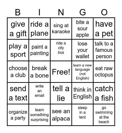 Present Perfect Bingo Card