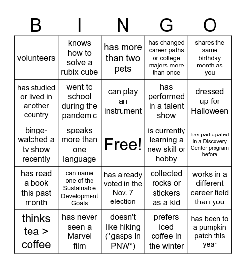 Connections Bingo — Find someone who... Bingo Card