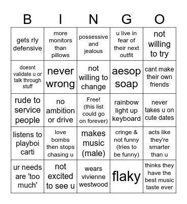 red flags (according to zeph) Bingo Card