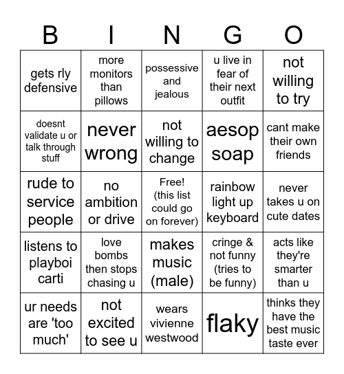 red flags (according to zeph) Bingo Card