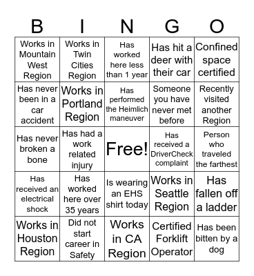 West Division EHS Bingo Card
