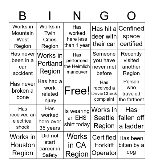 West Division EHS Bingo Card