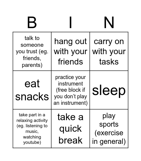 coping with stress Bingo Card