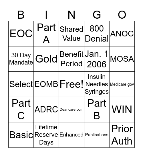 Medicare Bingo Card
