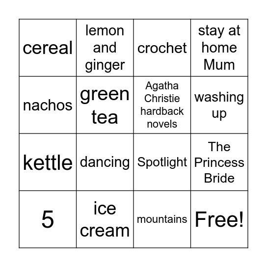 Sarah's Kitchen Tea Party Bingo Card