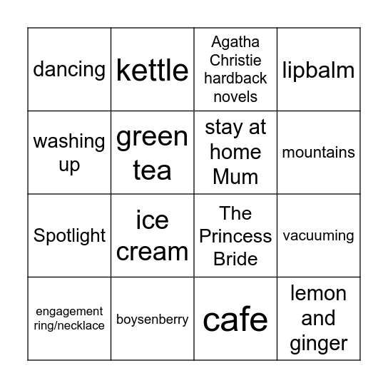 Sarah's Kitchen Tea Party Bingo Card