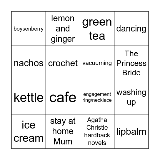 Sarah's Kitchen Tea Party Bingo Card