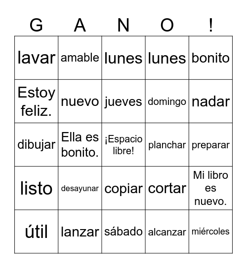 Spanish 1 Bingo Card