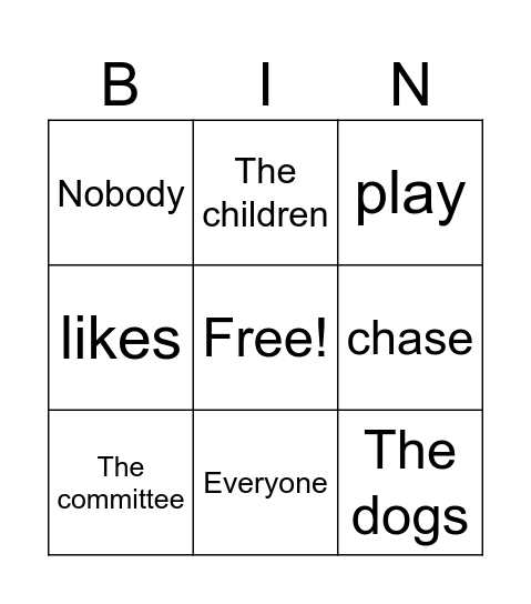 Subject-Verb Agreement Bingo Card