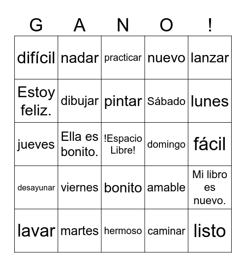 Spanish 1 Bingo Card