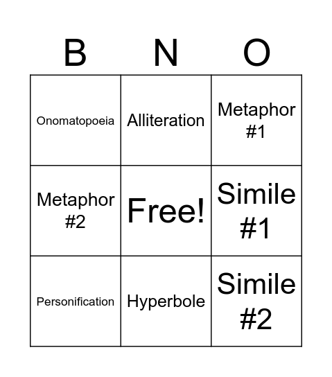 Figurative Language Song Bingo Card