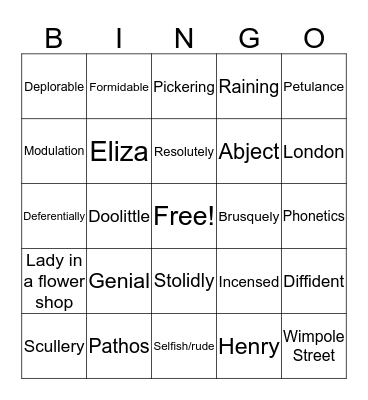 Pygmalion Bingo Card