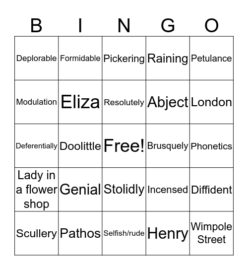 Pygmalion Bingo Card