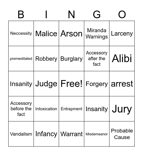 Law & Justice Vocab Review Bingo Card