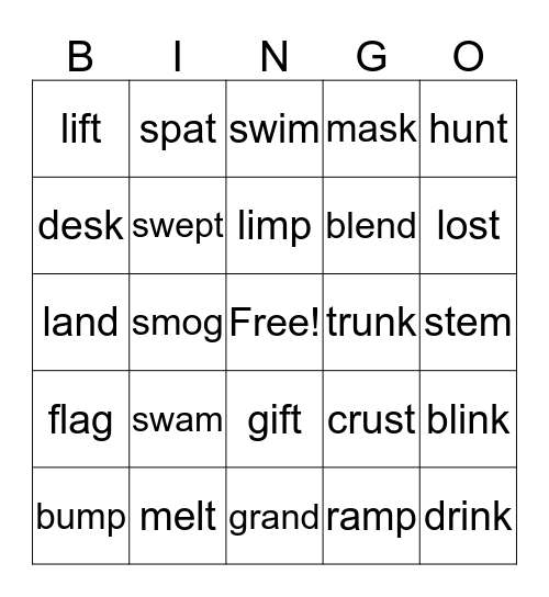 Clusters Short Vowel KU6 Bingo Card