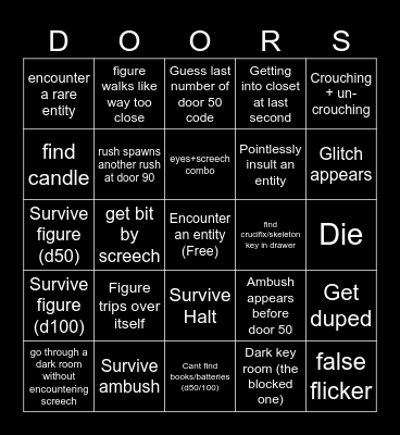 Roblox Doors Bingo Card