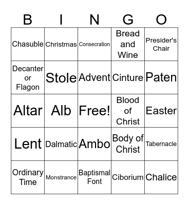Liturgical Bingo Card