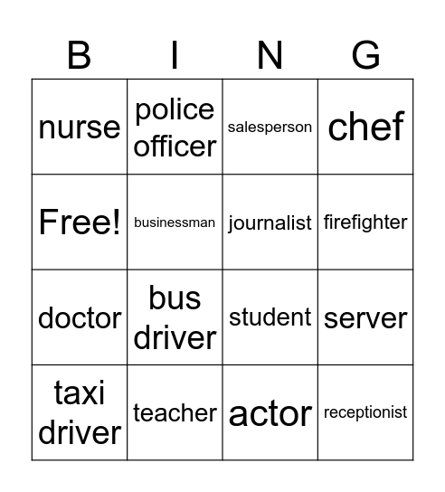 Professions Bingo Card