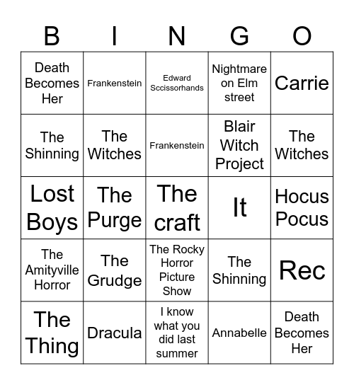 Halloween Movie Bingo Card