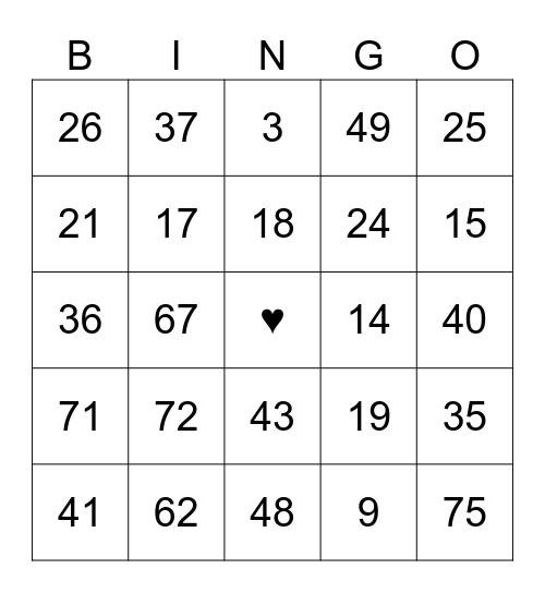 NUMBER Bingo Card