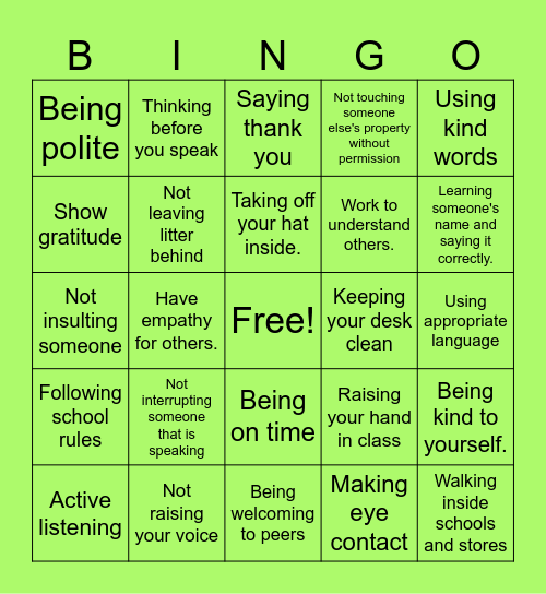 Respect Bingo Card