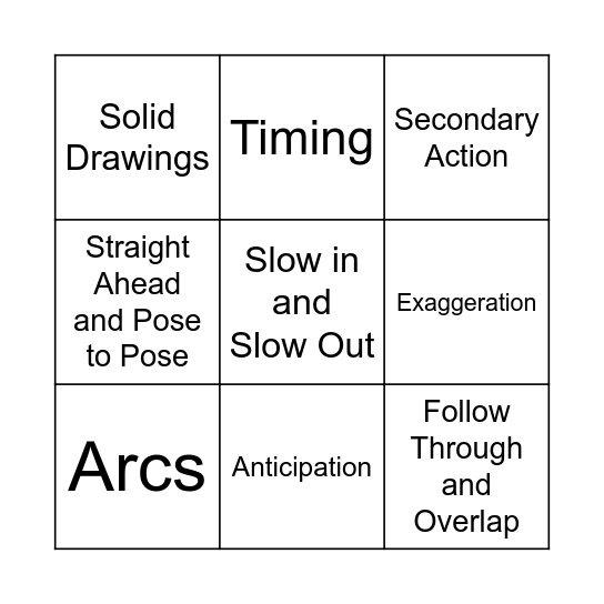 Principles of Animation Bingo Card