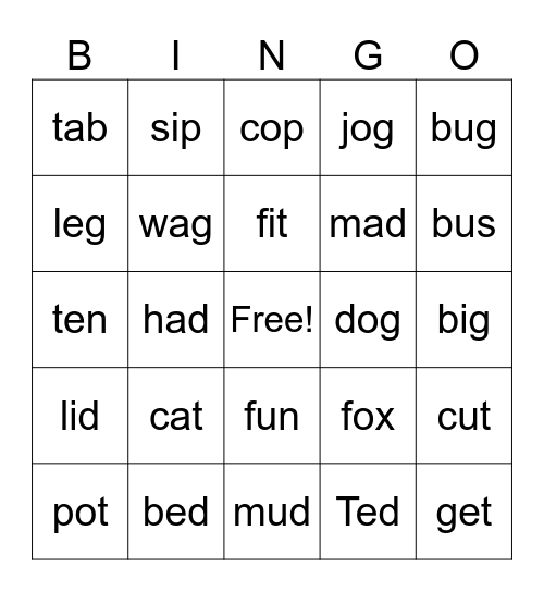 CVC Words Bingo Card