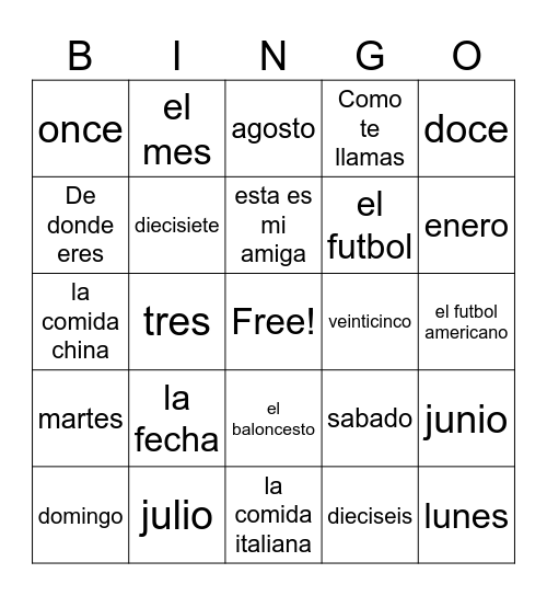Spanish Bingo 2 Bingo Card