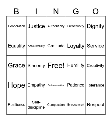 High Ideals Bingo Card