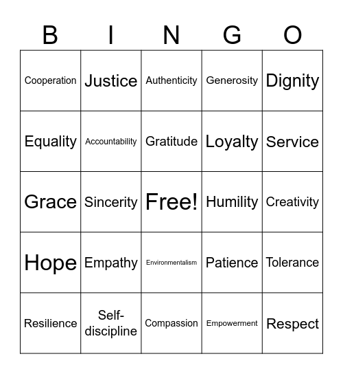 High Ideals Bingo Card
