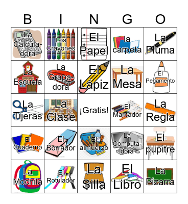 School Supplies In Spanish Bingo Card