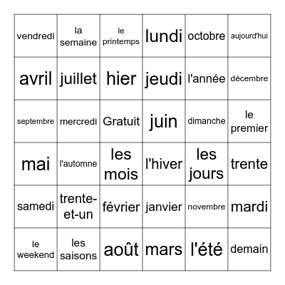 Le calendrier en français Bingo Card